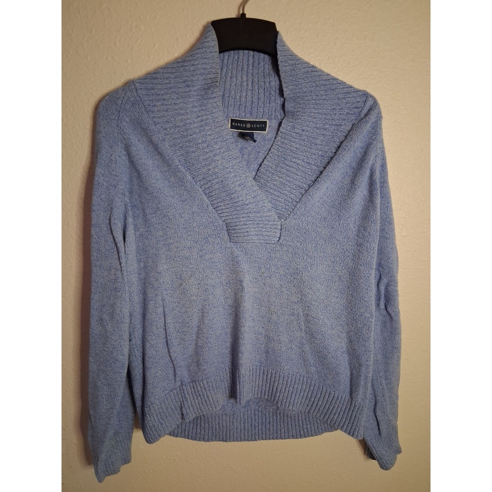 Karen Scott Powder Blue Shawl Collar V-Neck Knit Sweater Old Money Cozy Pullover - Picture 1 of 5